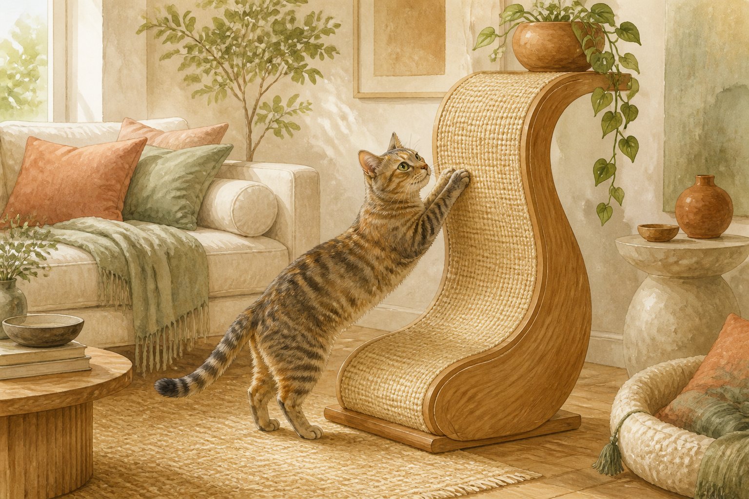 A cat scratches an elegant wooden post in a warmly decorated living room.