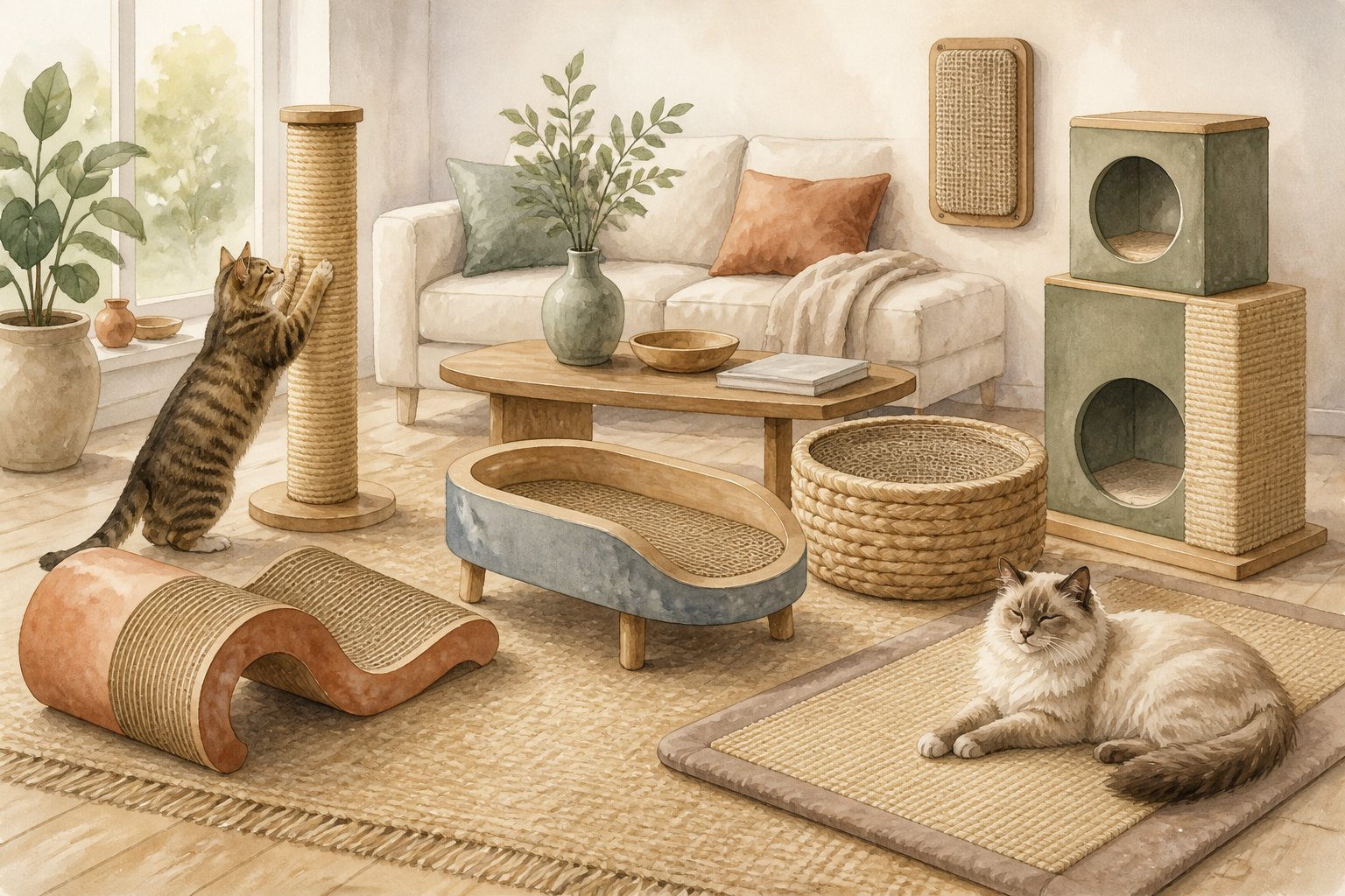 A bright living room displays seven stylish cat scratchers, with two cats relaxing among the furniture.