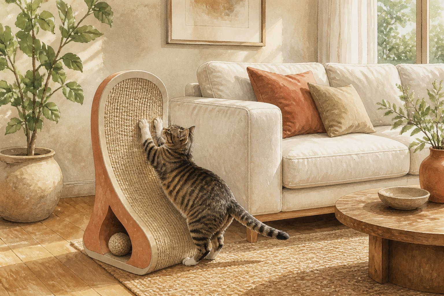A cat scratches an elegant sculptural scratching post beside a neatly decorated sofa in a cozy living room.