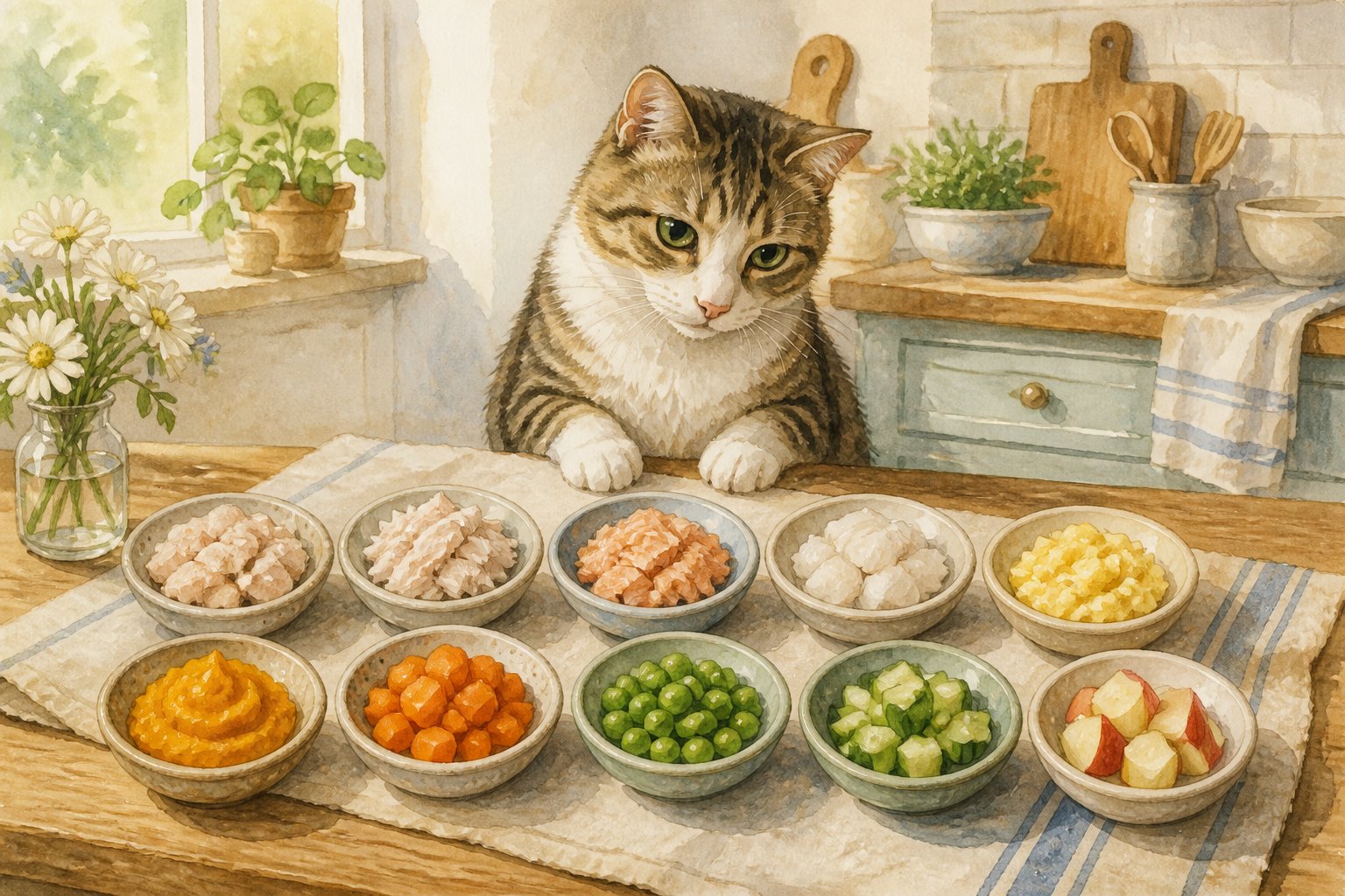 A cat sits beside a table displaying small portions of chicken, fish, egg, pumpkin, vegetables, and apple.