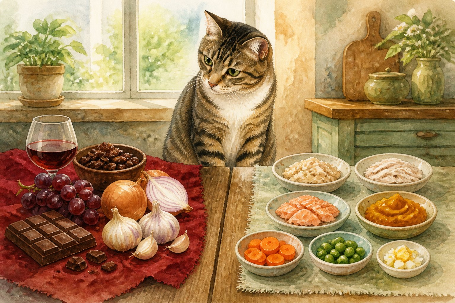 A cat sits beside a table displaying separate groups of safe and unsafe human foods.