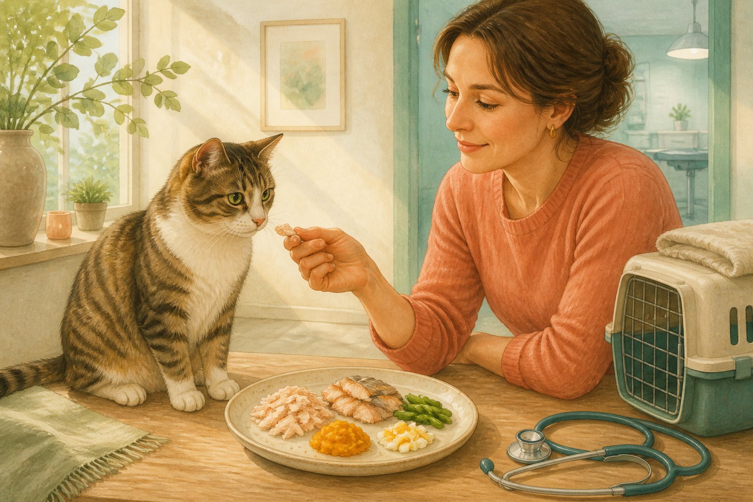 A cat receives a small safe treat from a caring owner beside a plate of simple foods, with veterinary care items in the background.