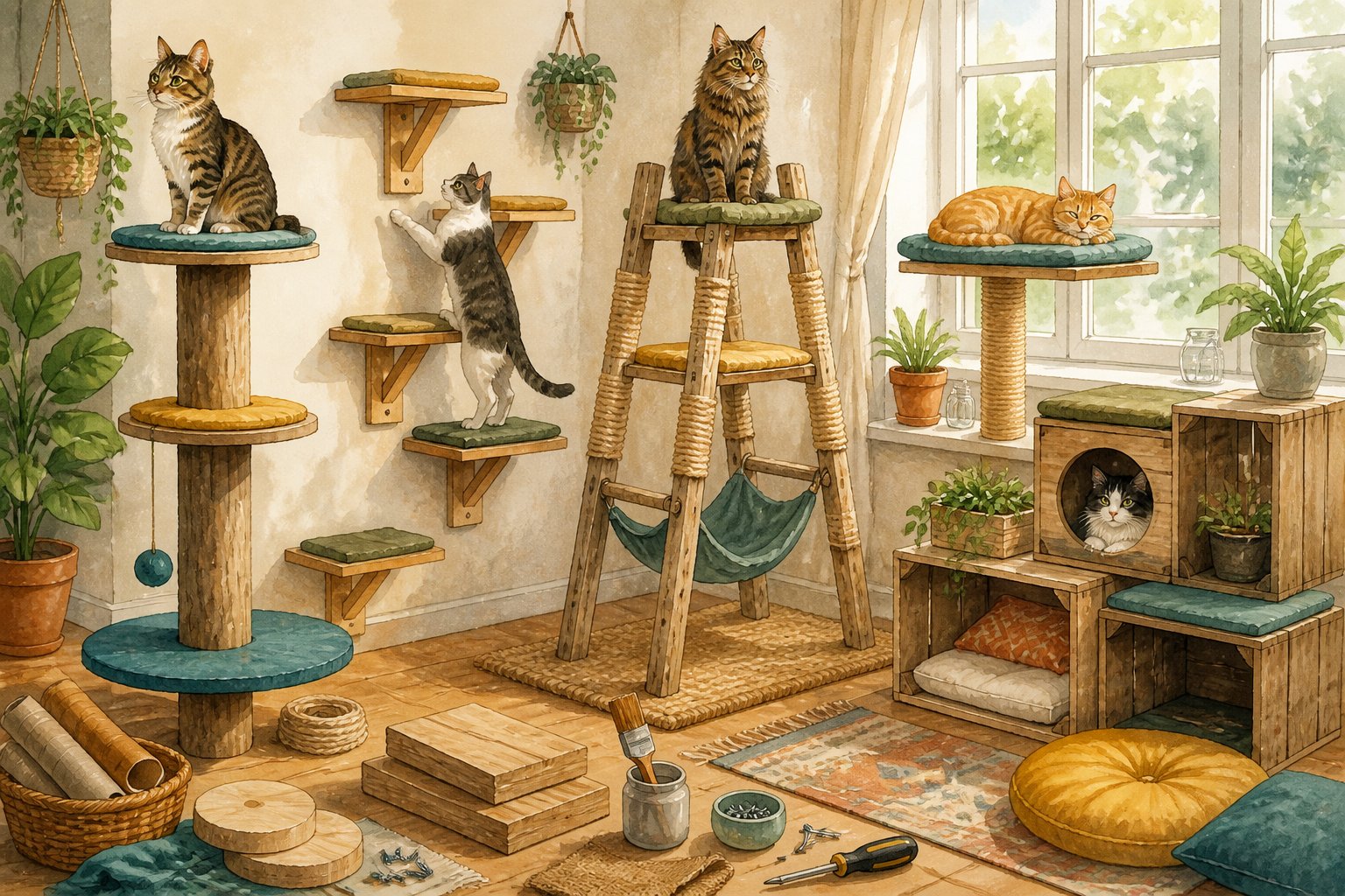 Five homemade cat trees are displayed in a cozy room while cats climb, scratch, perch, and relax on them.