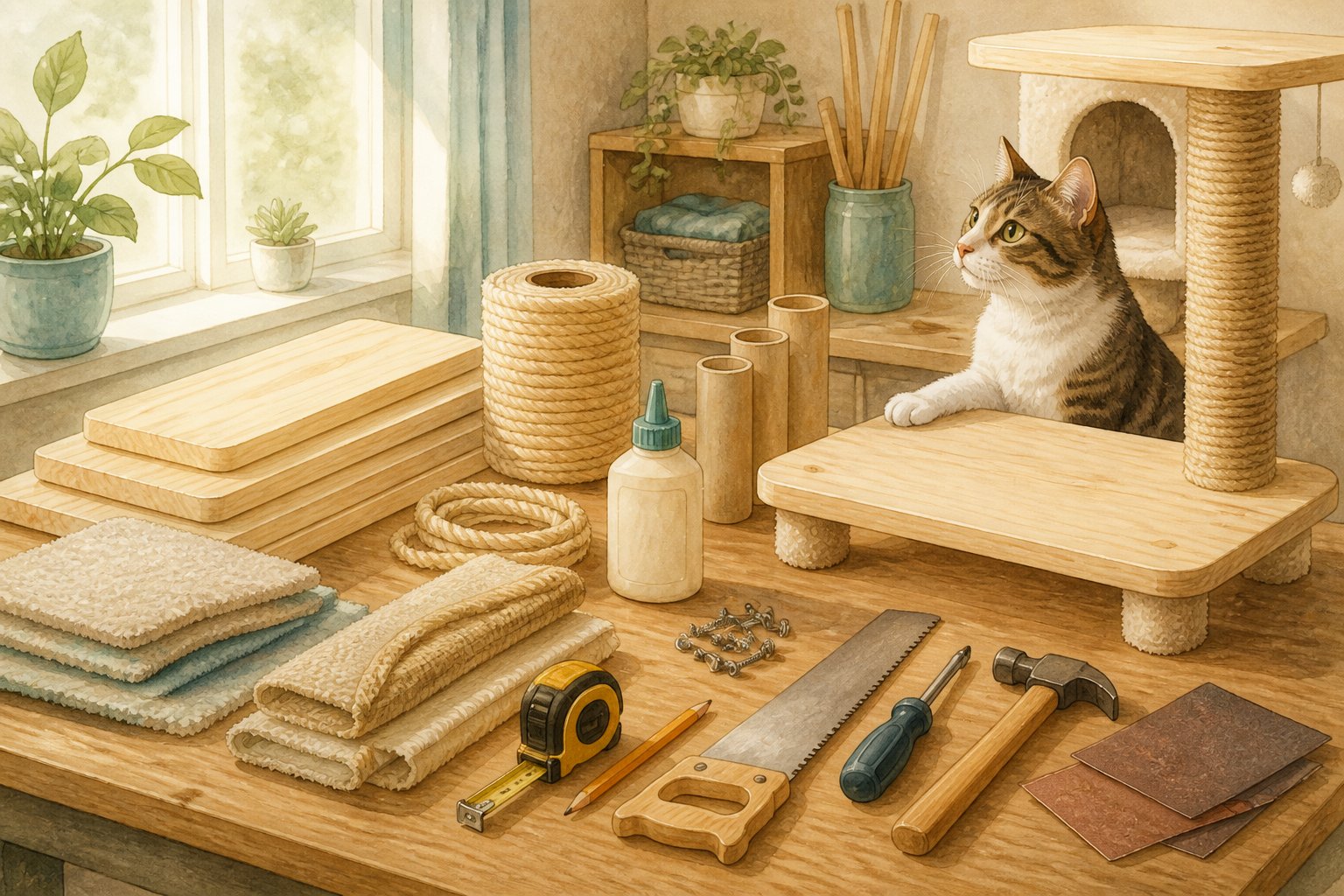A cat inspects affordable woodworking materials and tools arranged beside an unfinished cat tree.