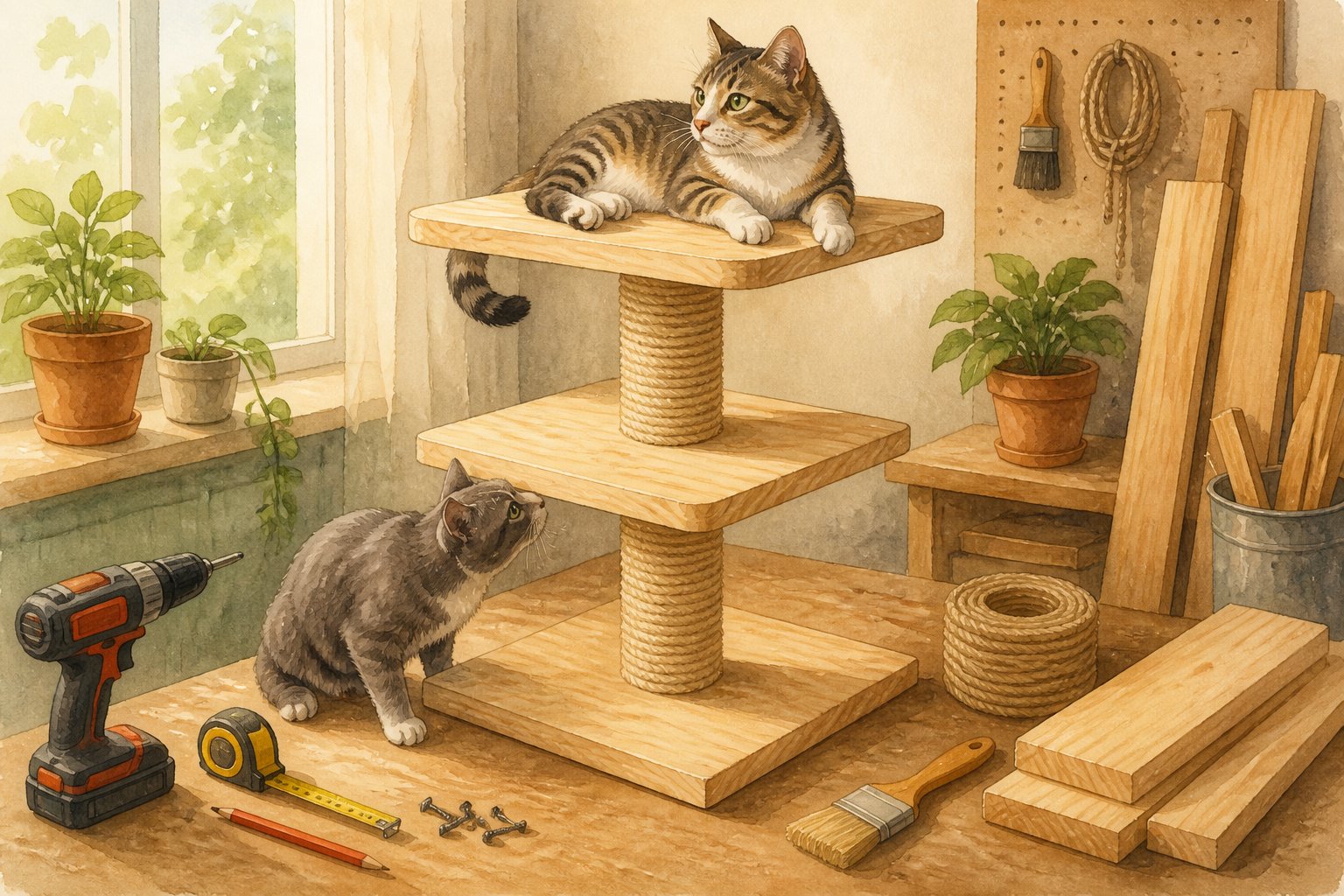 A cat sits on the upper platform of a simple two-level wooden cat tower while another cat explores the lower level in a home workshop.