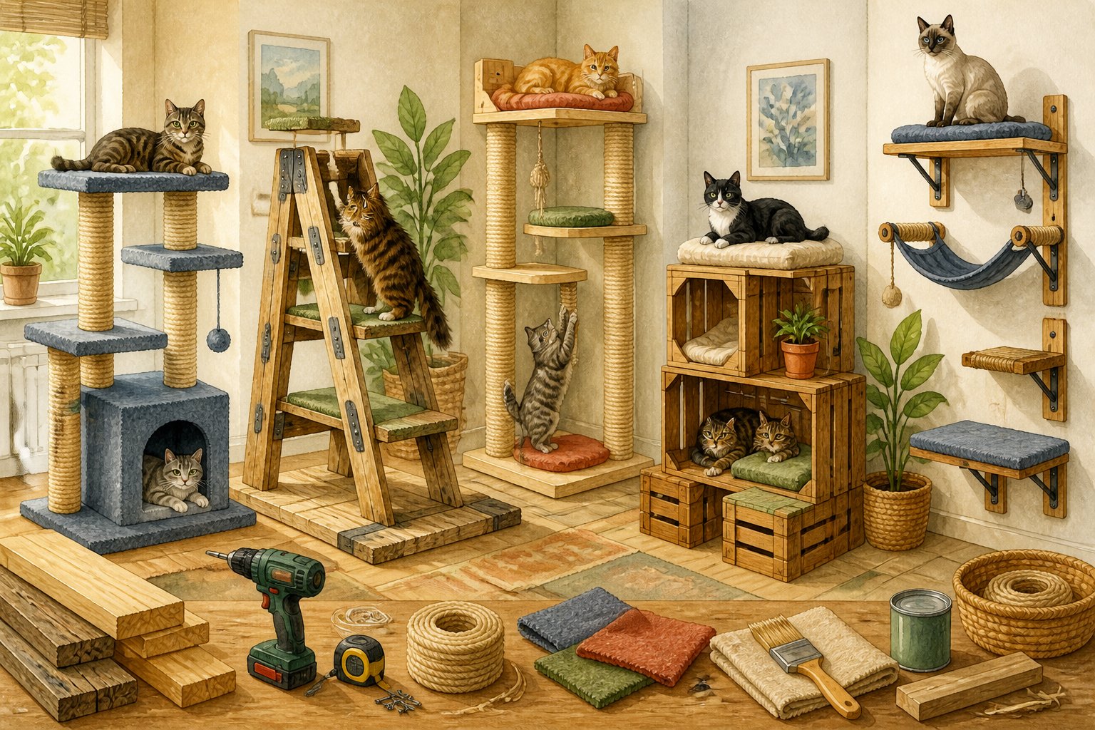 Five sturdy homemade cat trees are displayed in a cozy home workshop while cats climb, scratch, and rest on them.