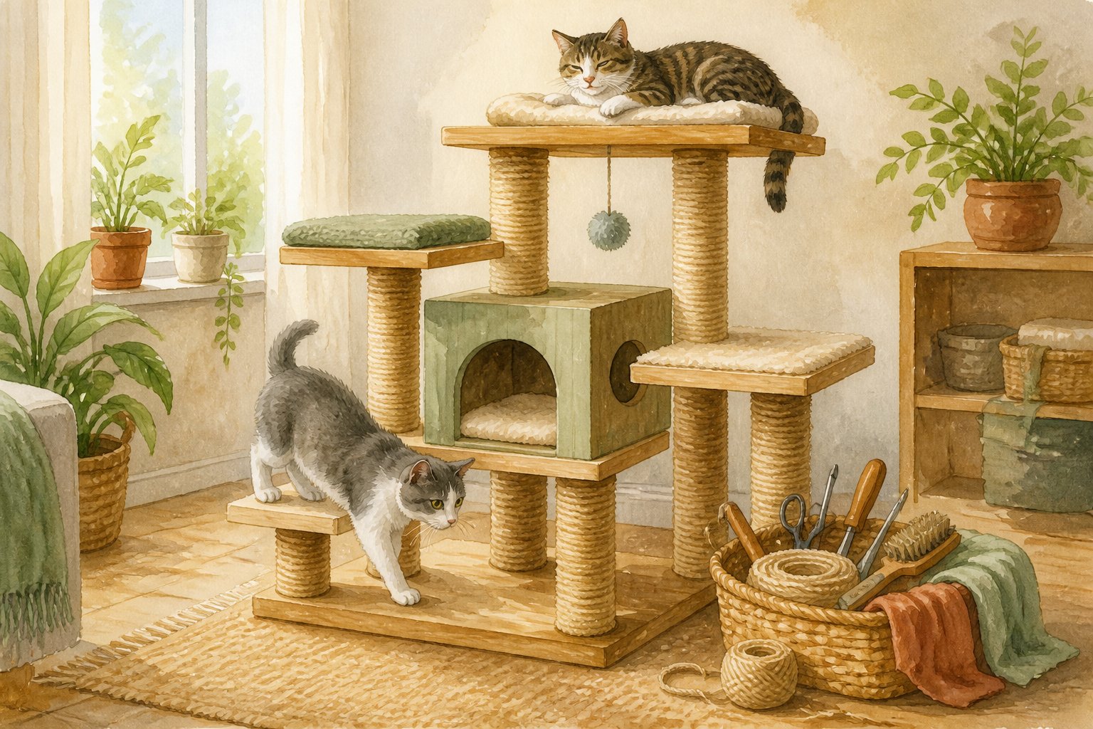 Two cats use a handmade multi-level cat tree while maintenance supplies sit nearby.