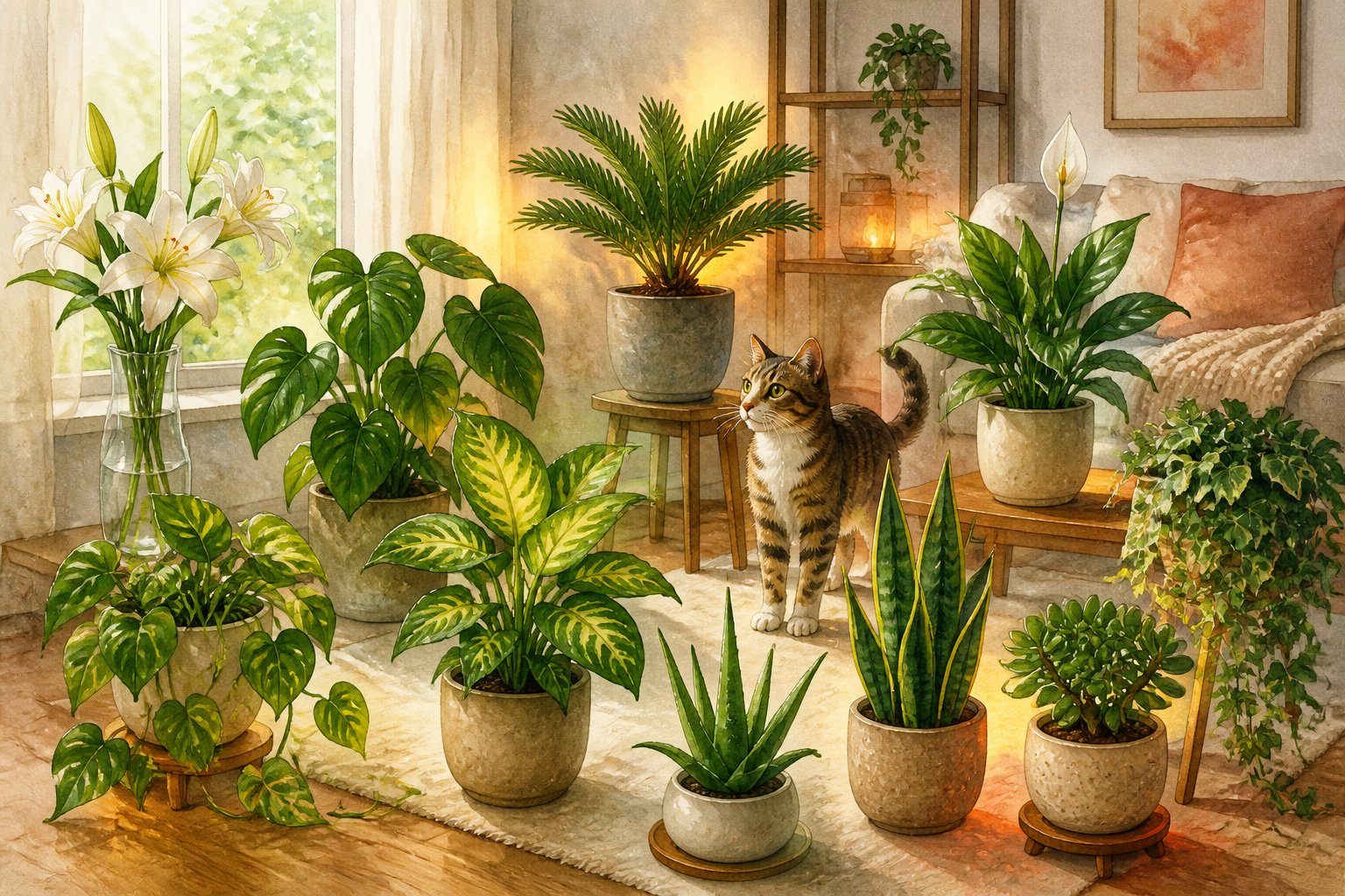 A cat cautiously observes several houseplants arranged throughout a bright living room.