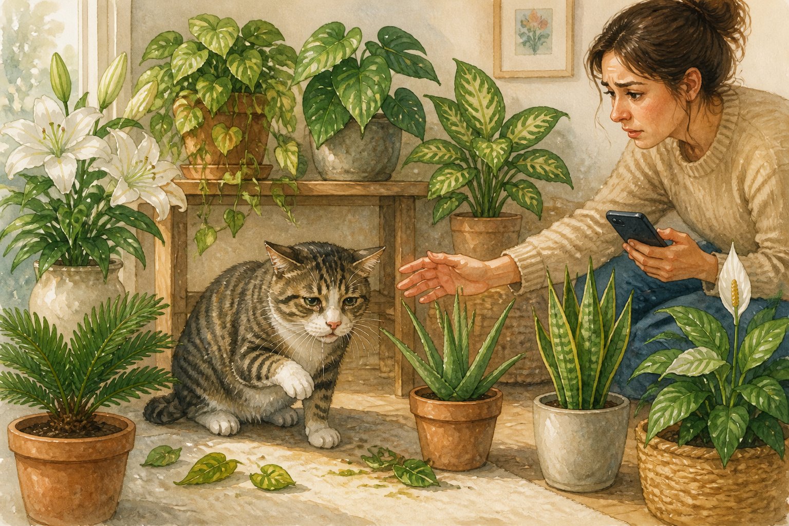 A sick-looking cat sits near several potted houseplants while a concerned person reaches toward it.