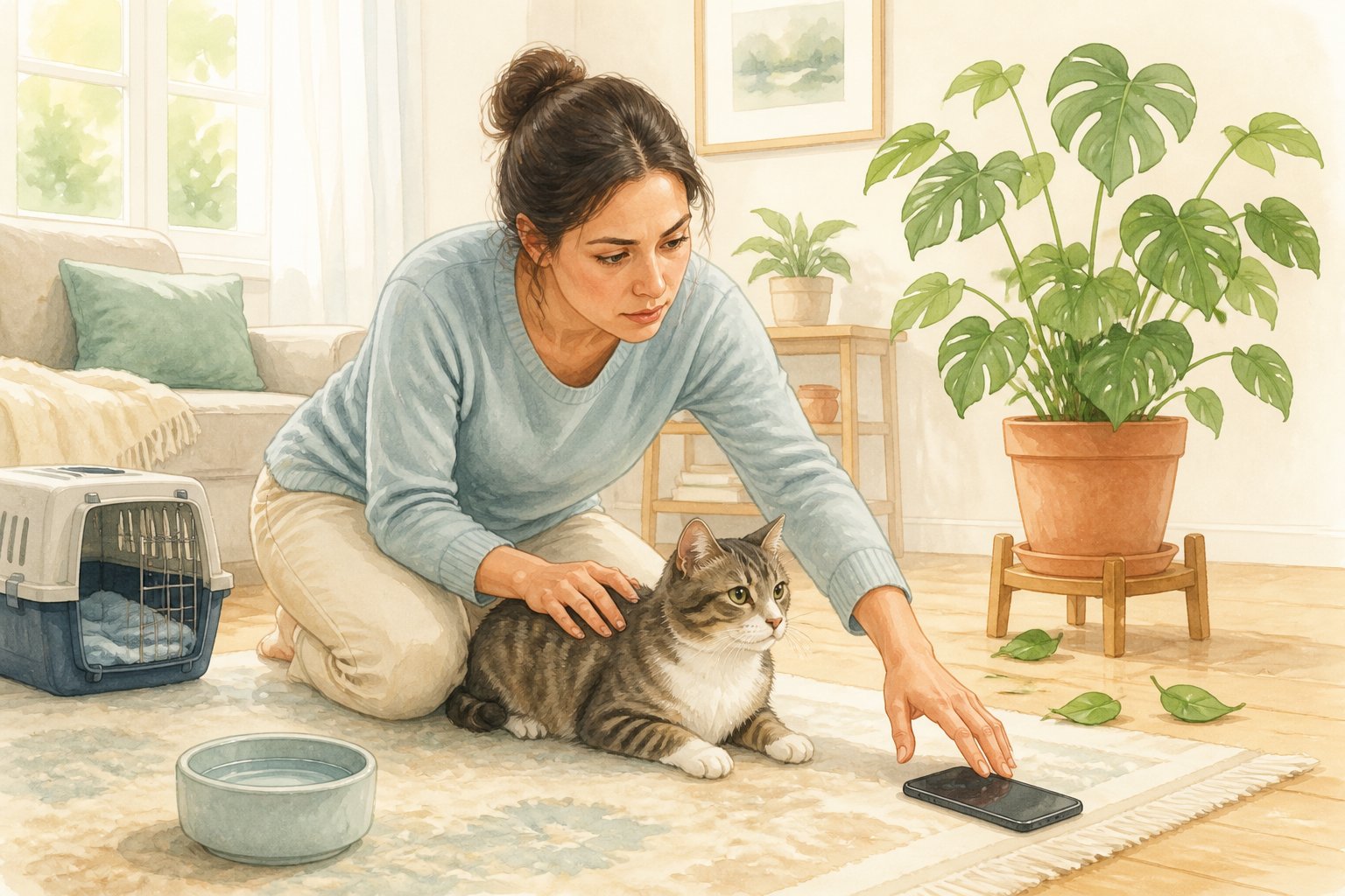 A concerned cat owner observes a cat near a potted houseplant while reaching for a smartphone.