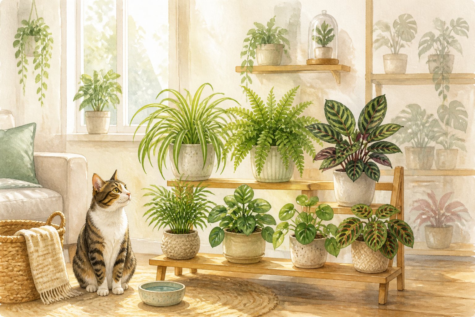 A cat calmly explores several leafy houseplants in a bright home.