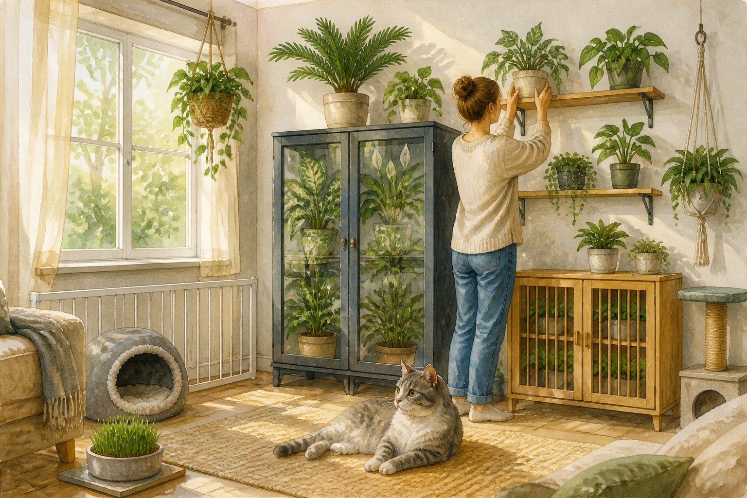 A cat rests safely while a person places houseplants out of the cat’s reach in a bright home.