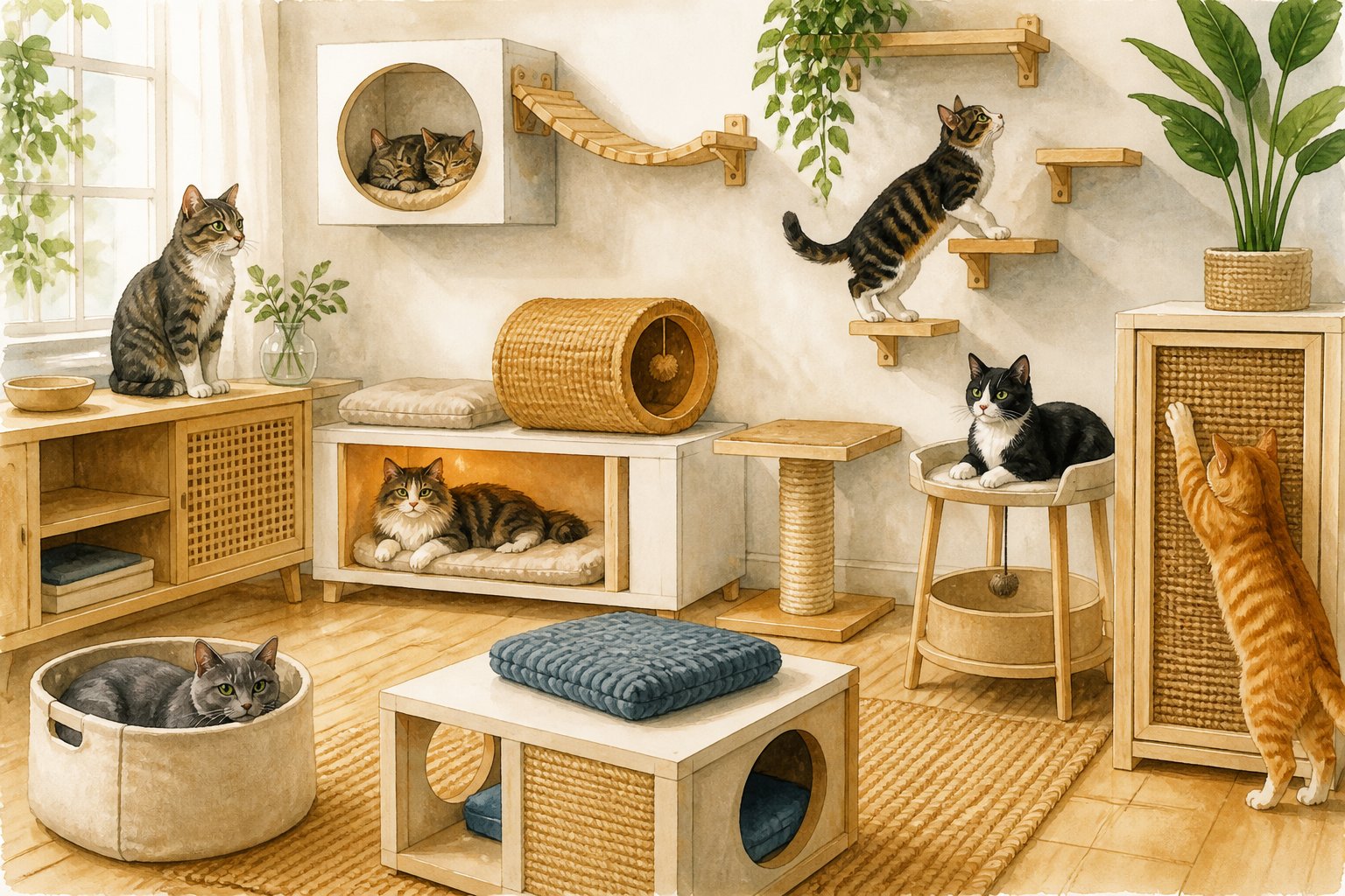 Several cats explore and relax on creative homemade furniture in a bright, cozy room.