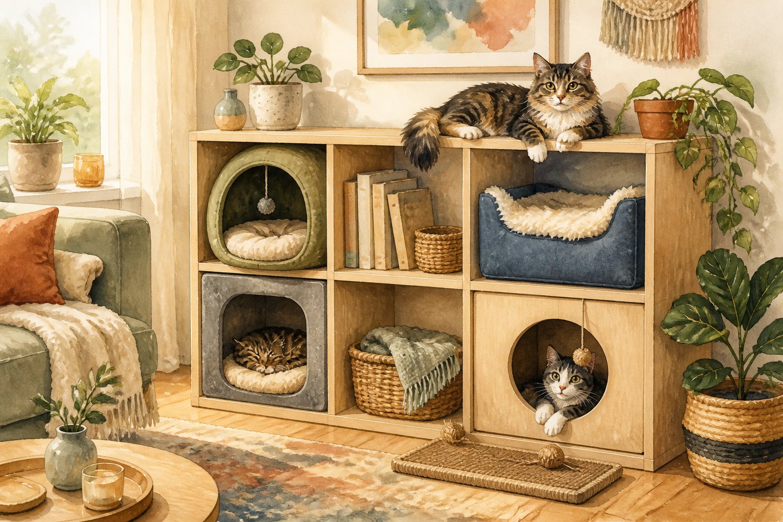 Cats relaxing in cube storage compartments converted into cozy beds and hideaways.
