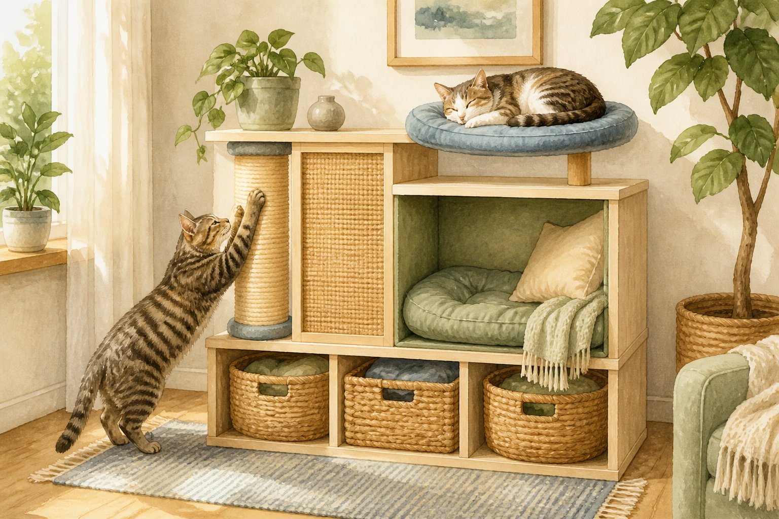 Two cats use a multi-level home furniture setup with a scratching post, scratch panel, and cushioned lounging platforms.