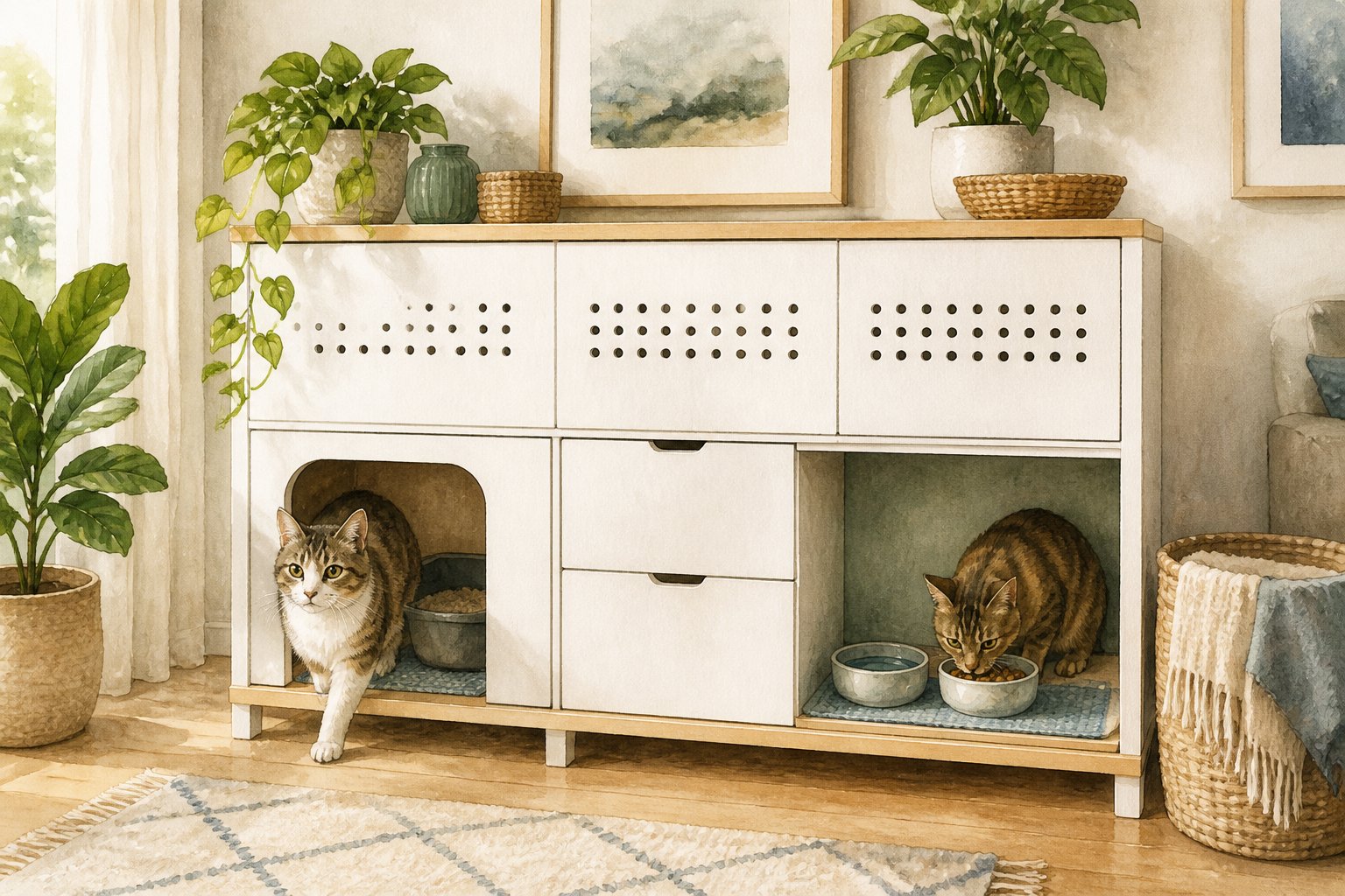 Two cats use a hidden litter area and feeding station built into a modern storage cabinet.