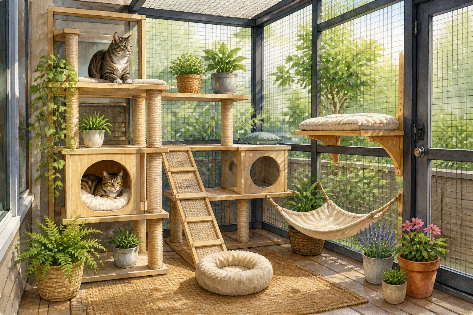 Two cats relax in a secure outdoor enclosure with climbing platforms, cubbies, scratching posts, and plants.
