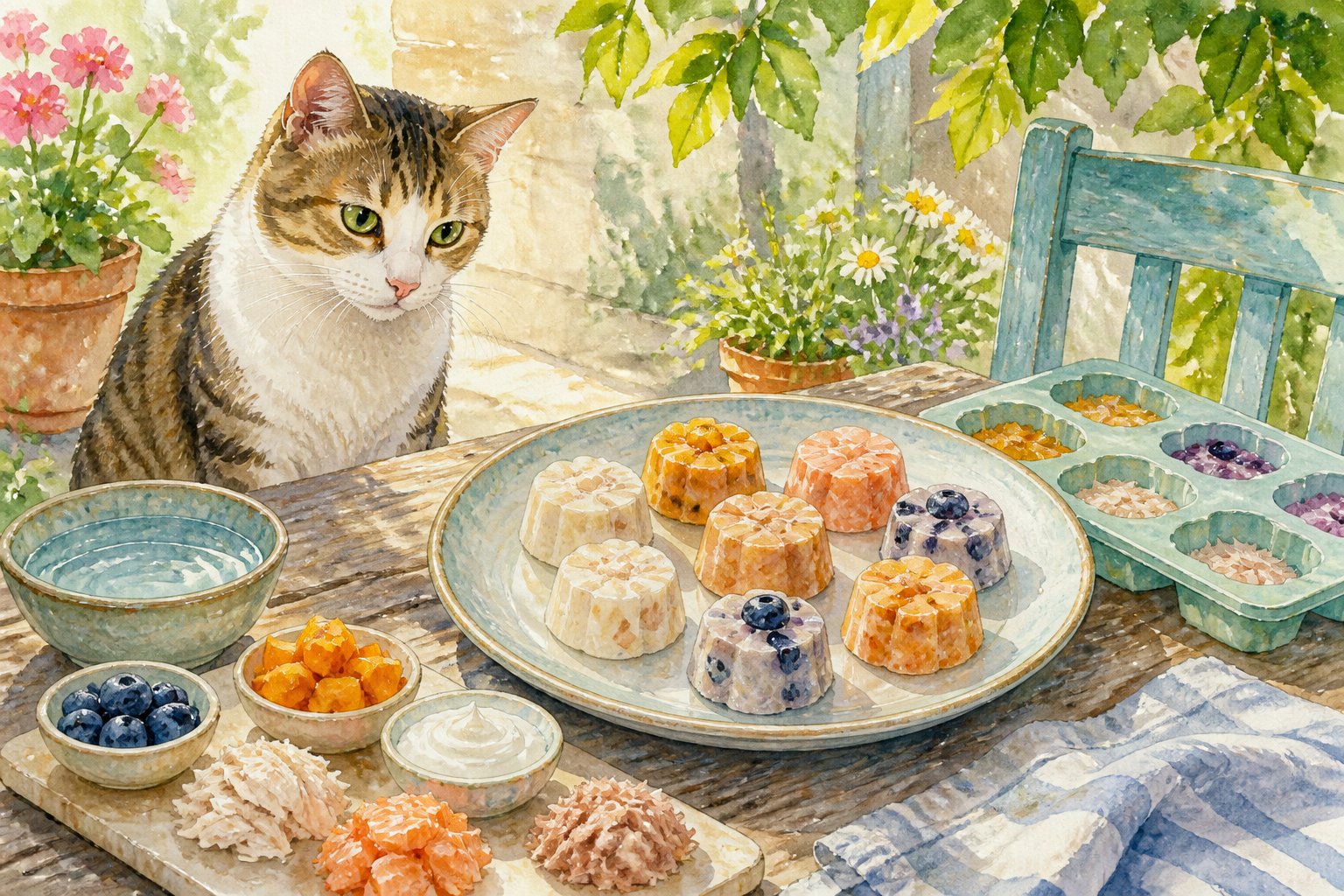 A cat sits beside a plate of homemade frozen treats on a sunny garden table.