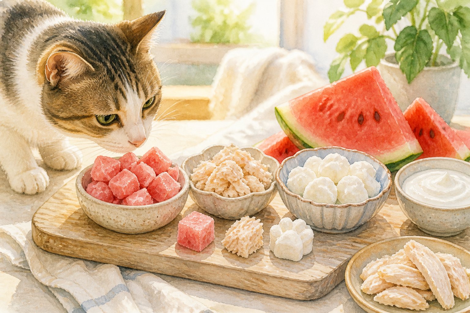 A cat sniffs small frozen treats made with chicken, watermelon, and yogurt on a wooden board.