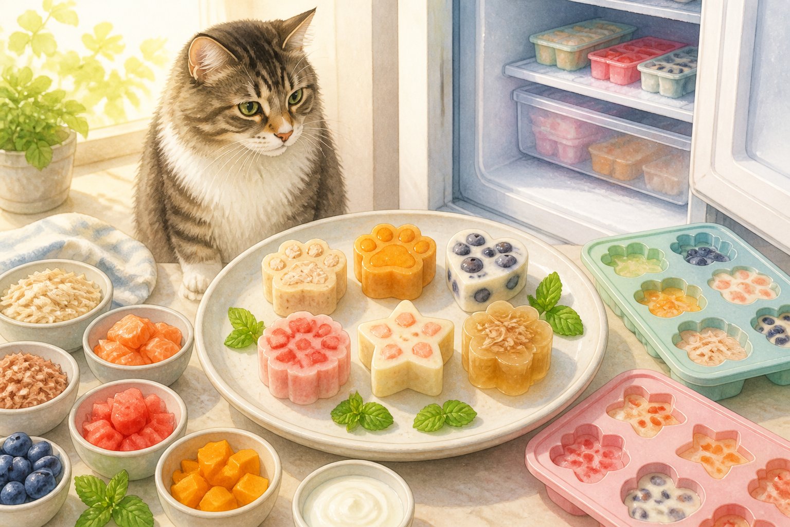 A cat sits beside a plate of colorful homemade frozen treats and silicone molds on a sunny kitchen counter.