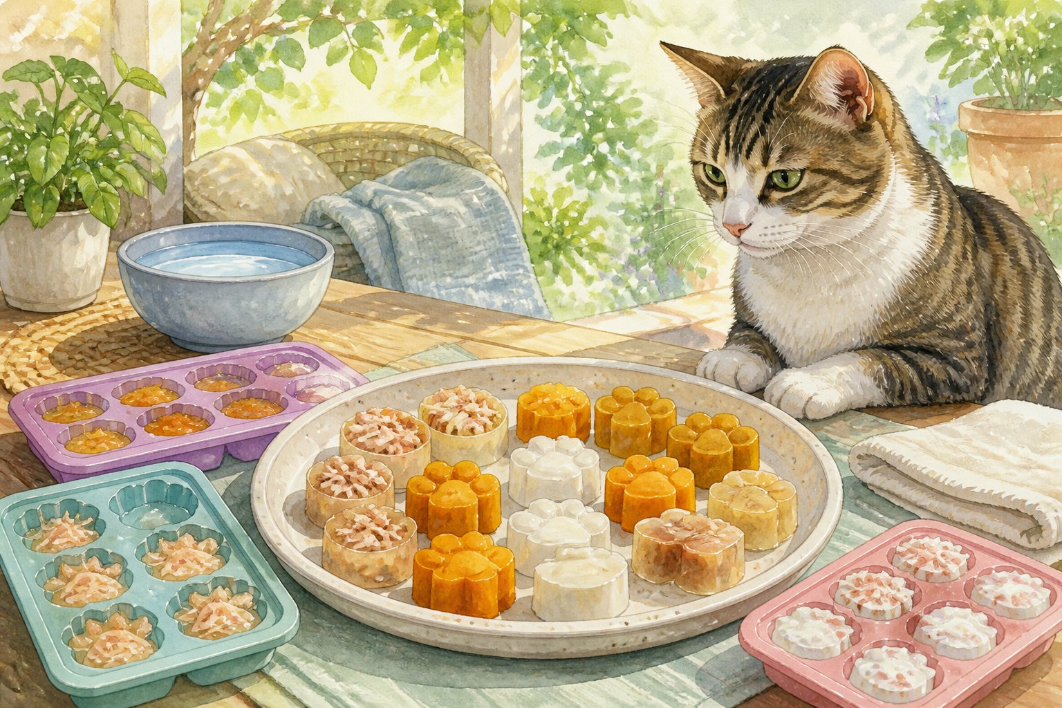 A cat watches a plate of homemade frozen treats beside fresh water in a shaded summer setting.