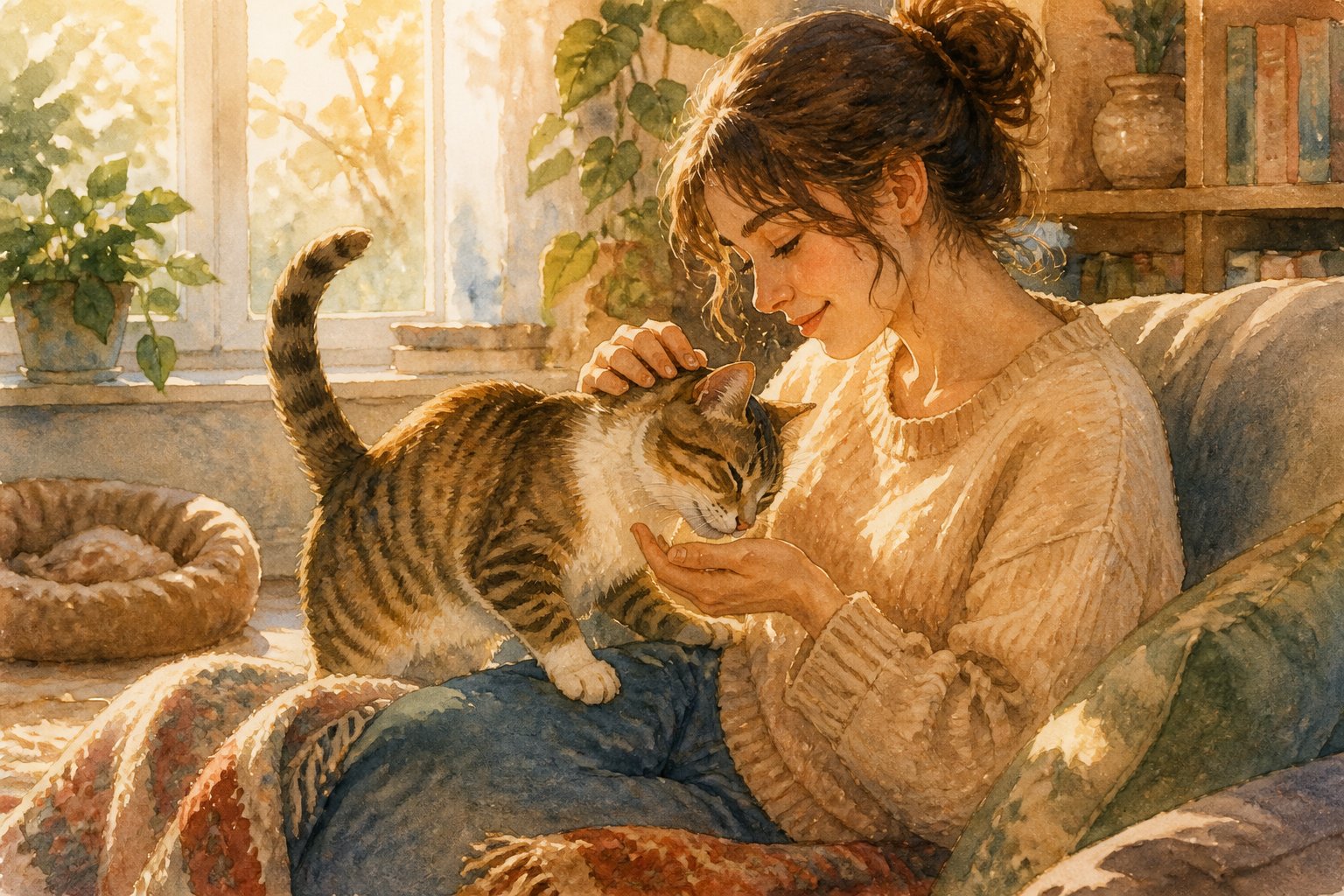 A cat rests affectionately beside a person in a cozy, sunlit home.