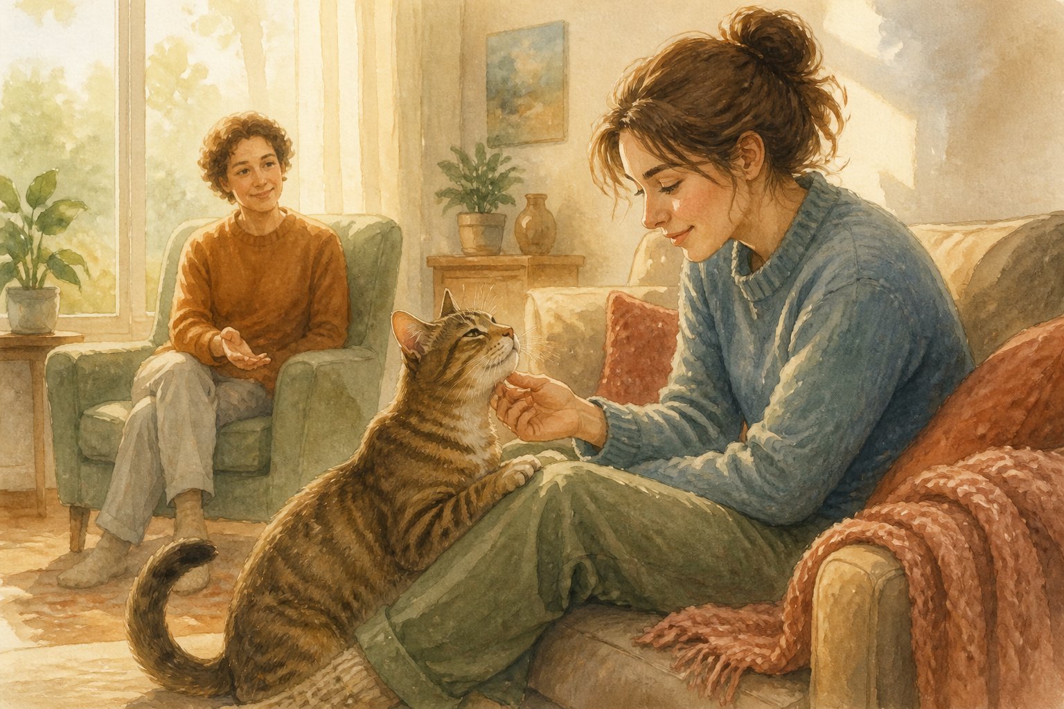 A relaxed cat leans affectionately against a person in a softly lit home while another person observes nearby.