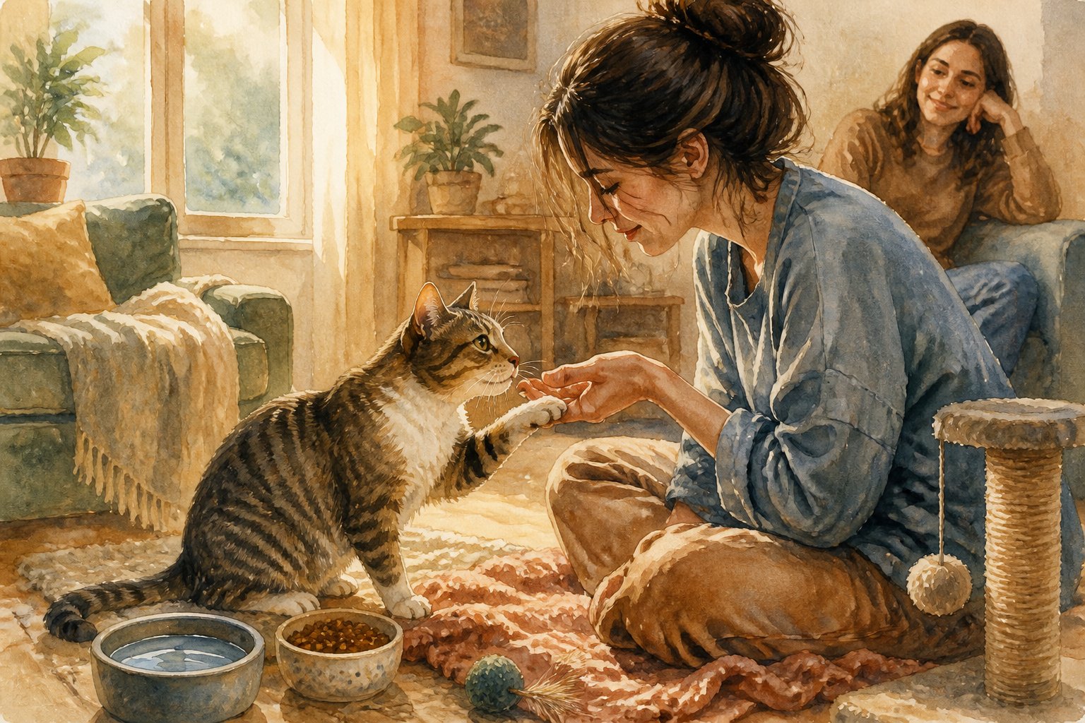 A relaxed cat gently touches a person's hand in a cozy living room while another person watches from the background.
