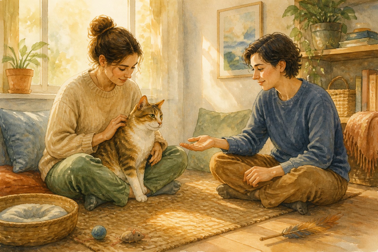 A relaxed cat sits beside one person while another person nearby responds with patient affection.