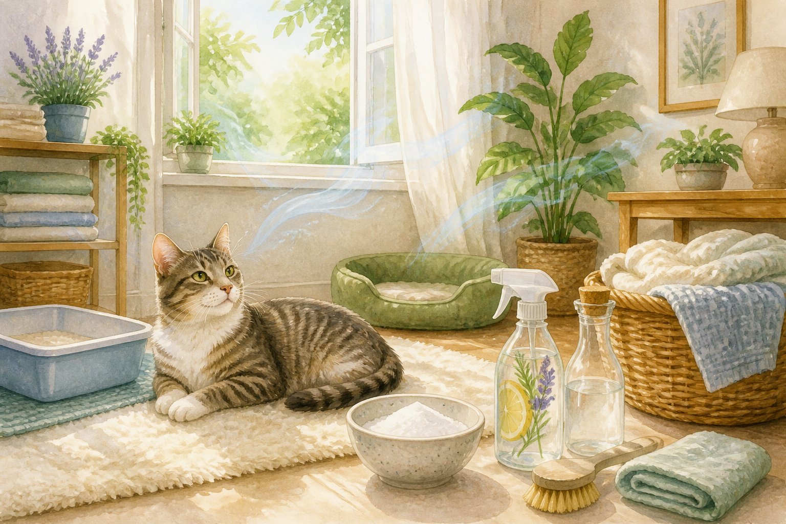 A cat relaxes in a clean, bright room beside natural cleaning supplies and a freshly maintained litter area.