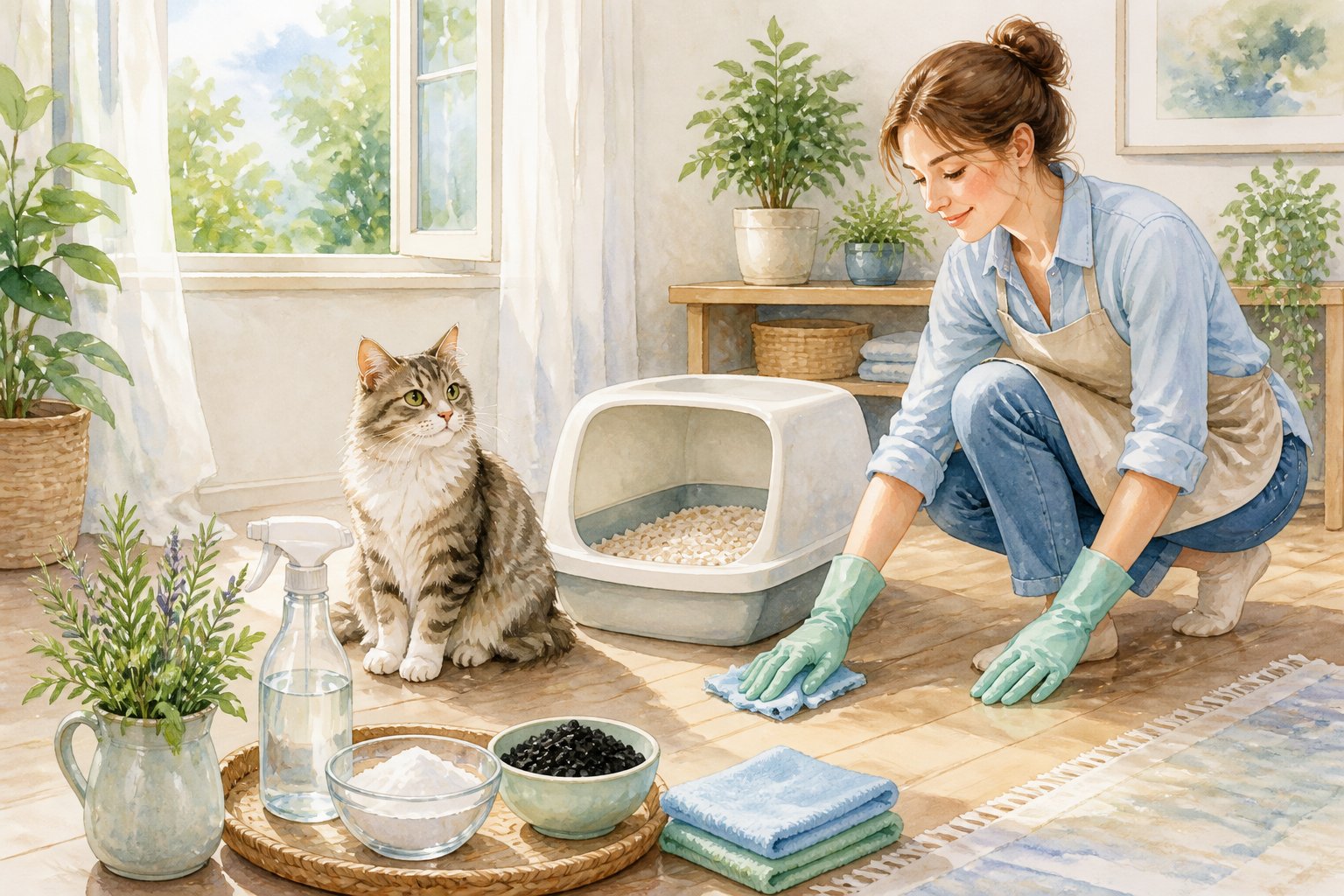 A relaxed cat sits beside a clean litter box while a person gently cleans the surrounding area with natural supplies.