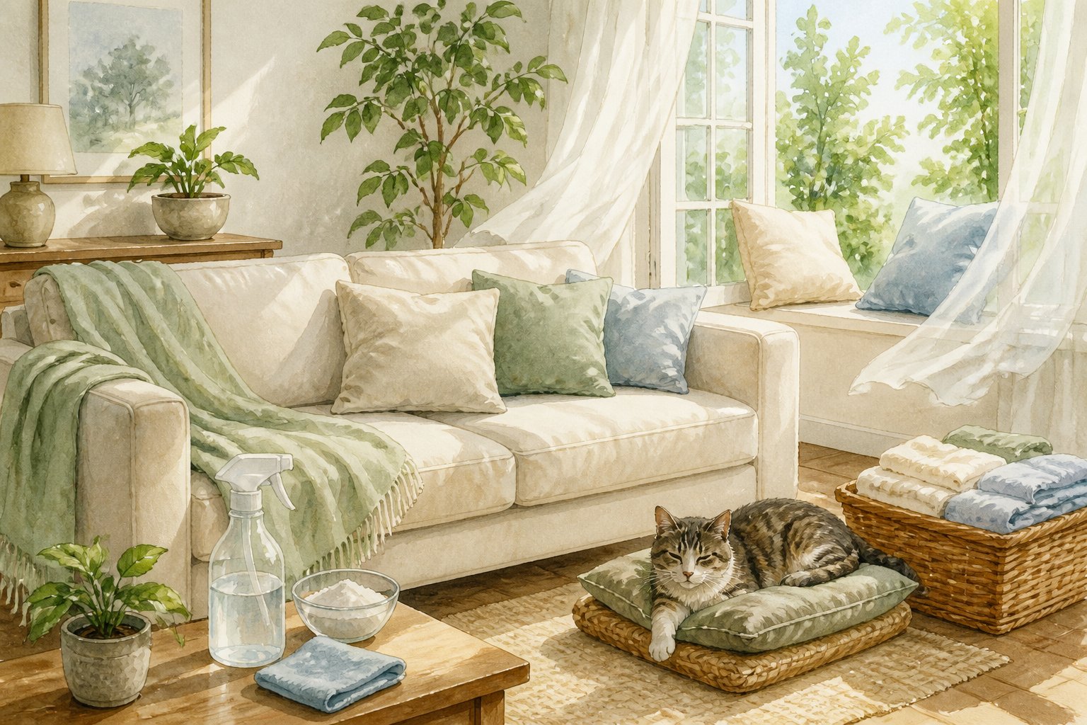 A clean living room with a cat, freshly aired fabrics, an open window, houseplants, and natural cleaning supplies.