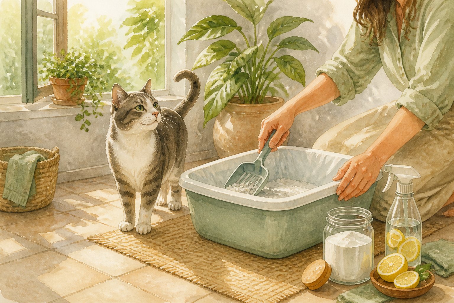 A person cleans a fresh cat litter box while a cat watches in a bright, tidy room.