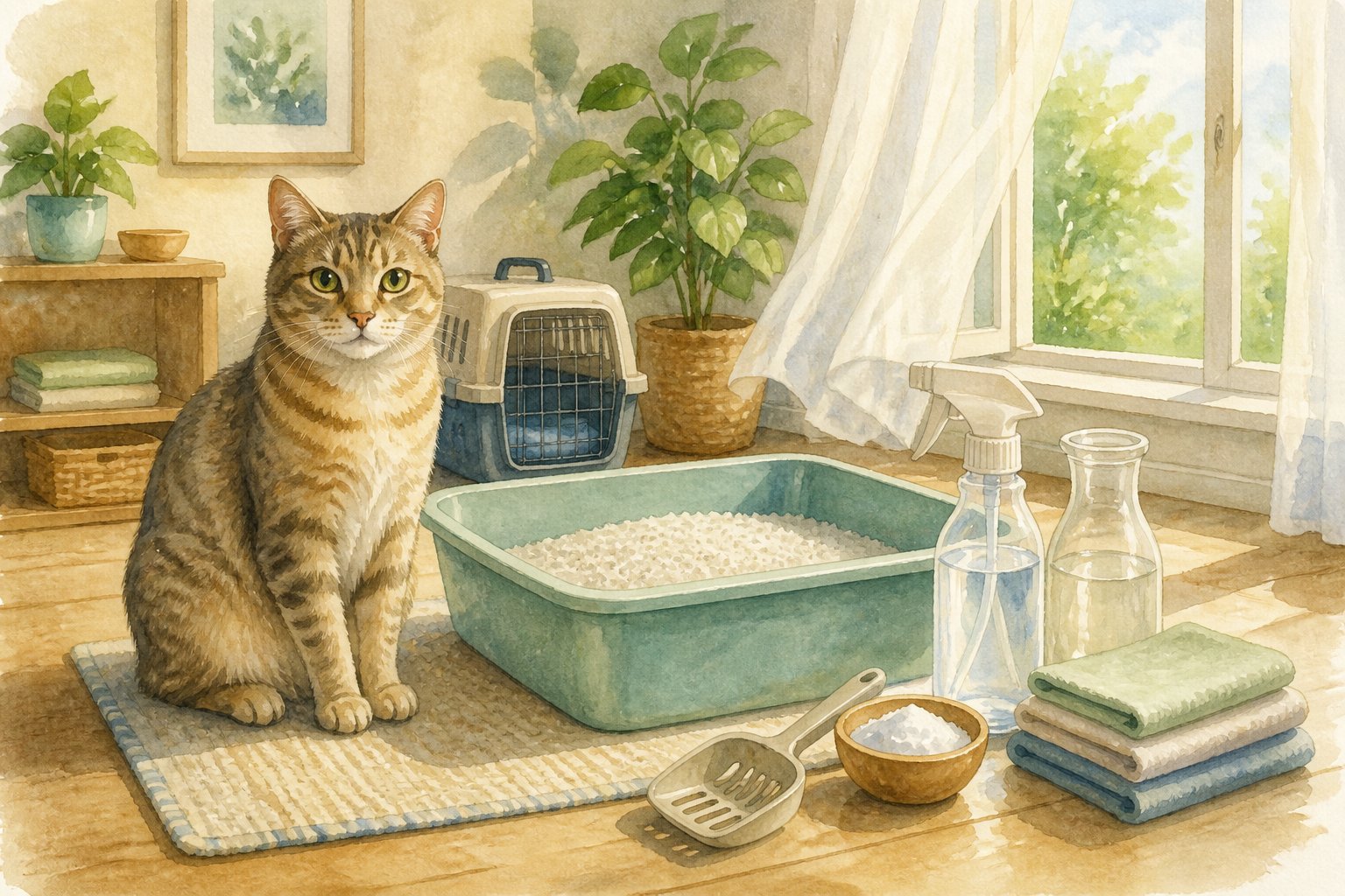 A relaxed cat sits beside a clean litter box in a bright, well-ventilated home with gentle cleaning supplies nearby.