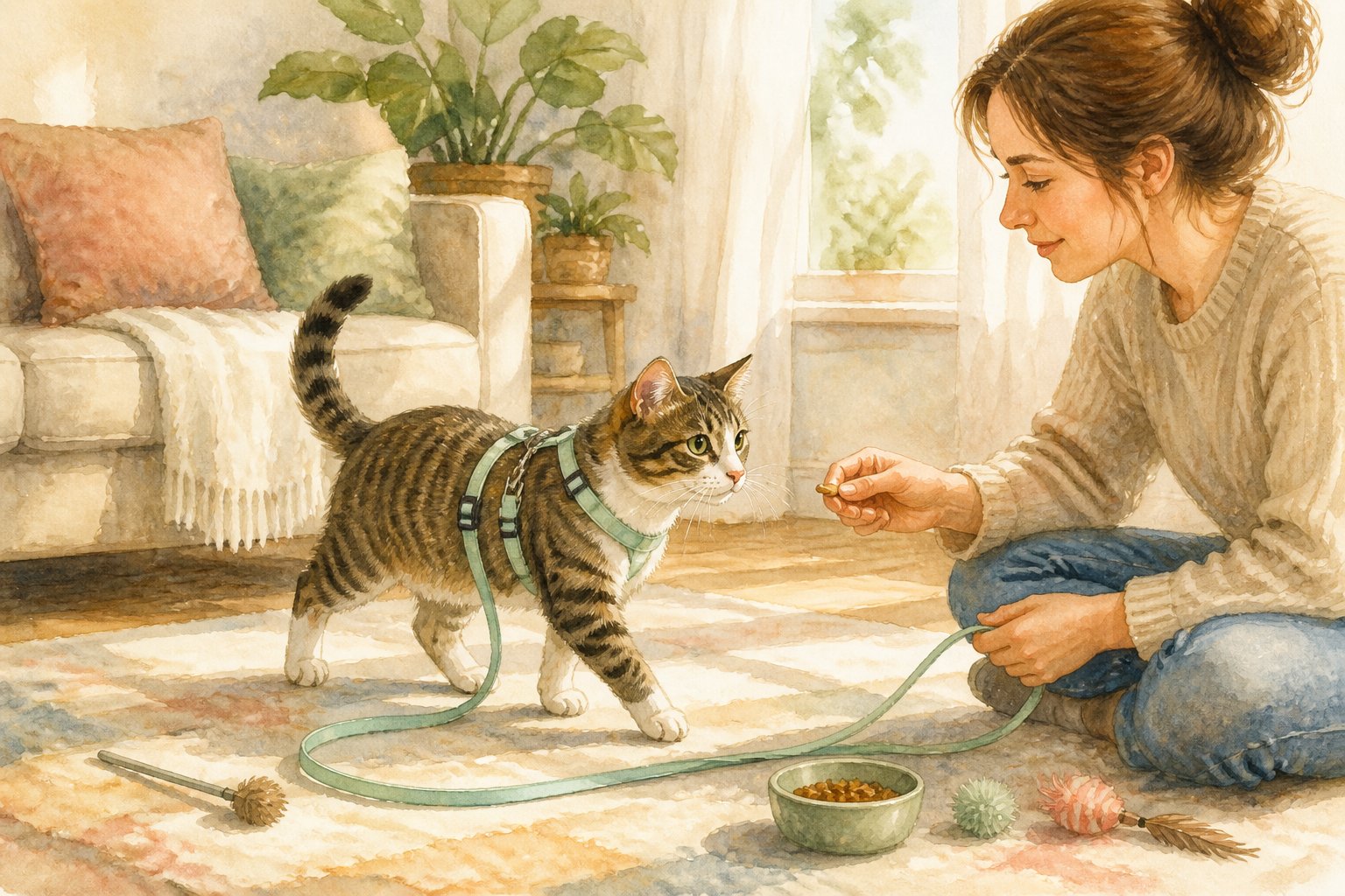 A relaxed cat wearing a harness practices walking indoors on a loose leash while a person offers encouragement and treats.