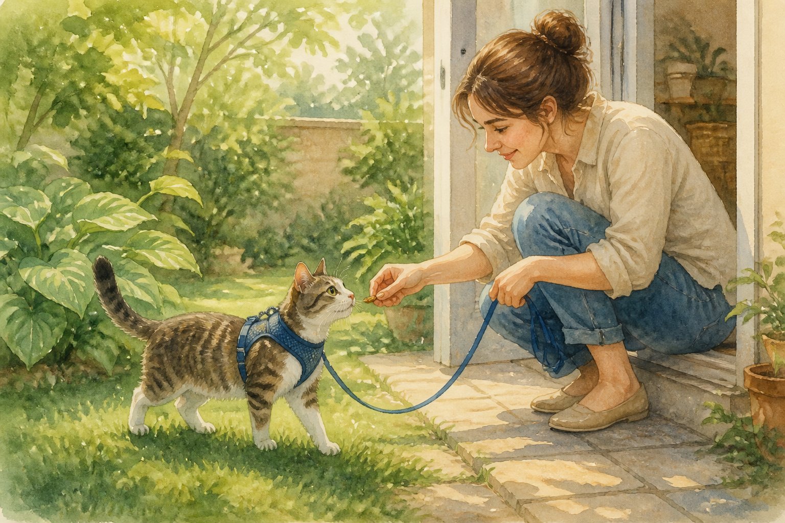 A relaxed cat wearing a harness explores a quiet garden while its owner offers encouragement and a treat.