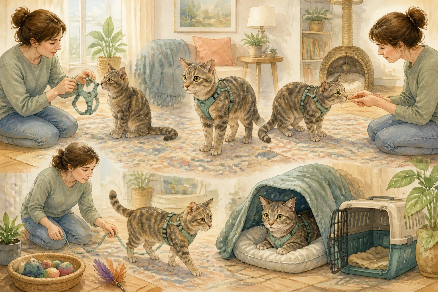 A cat wearing a harness pauses calmly while its owner offers a treat in a cozy room.