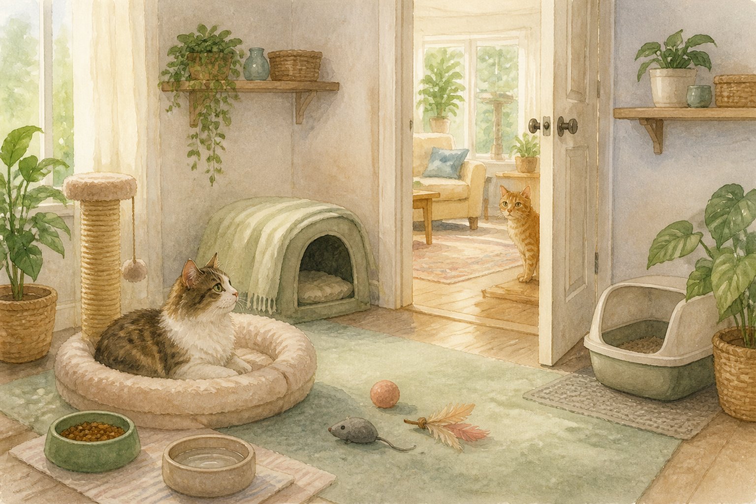 Two cats are separated in a prepared home with beds, food bowls, toys, and a litter box.