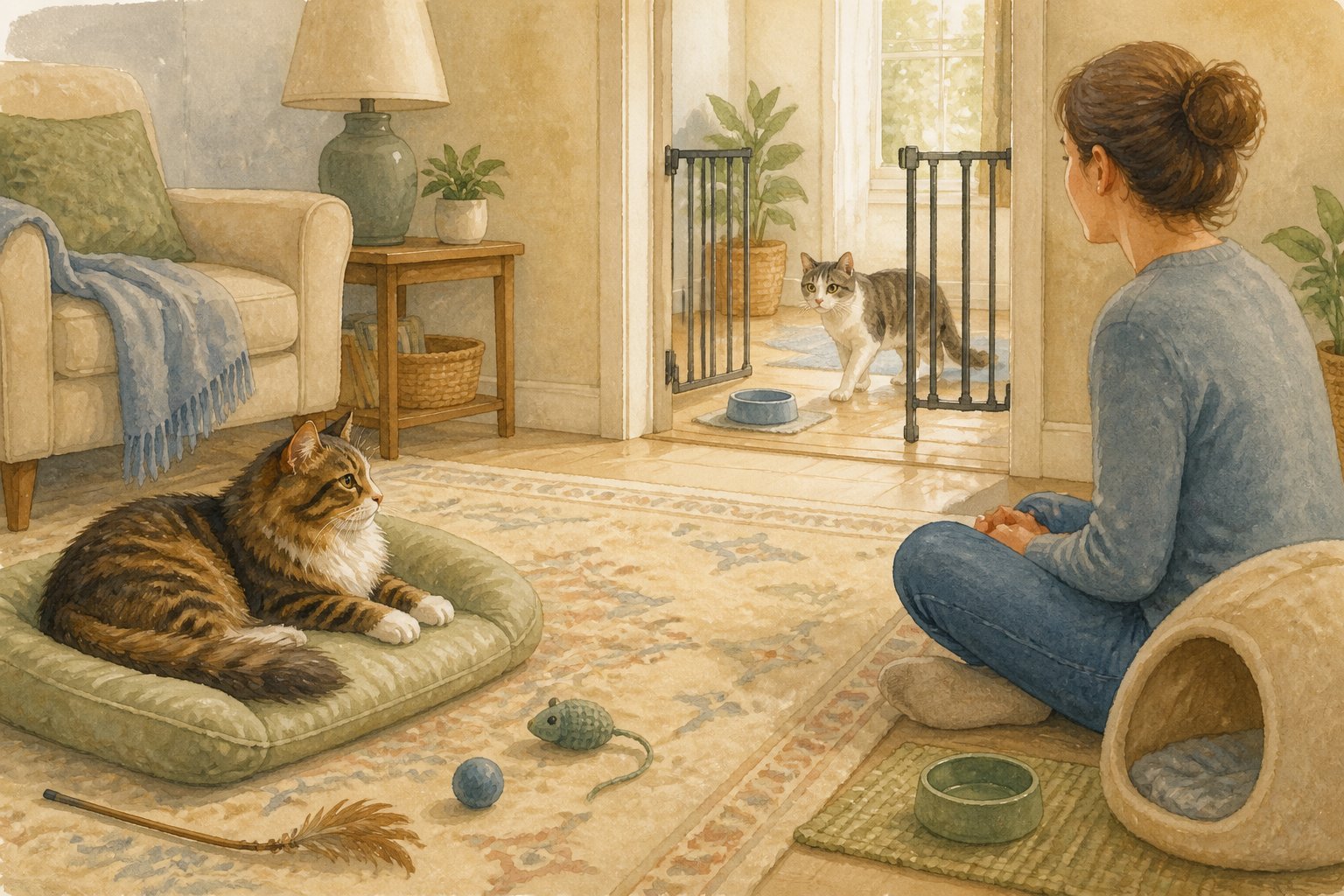 A person calmly supervises two cats meeting from separate areas of a cozy living room.