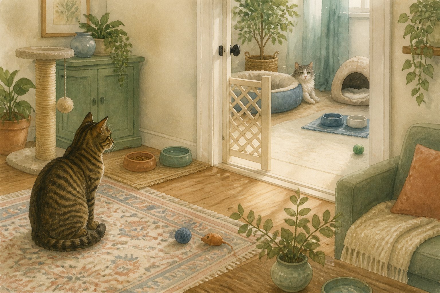 Two cats calmly observe each other from separate areas of a welcoming home.