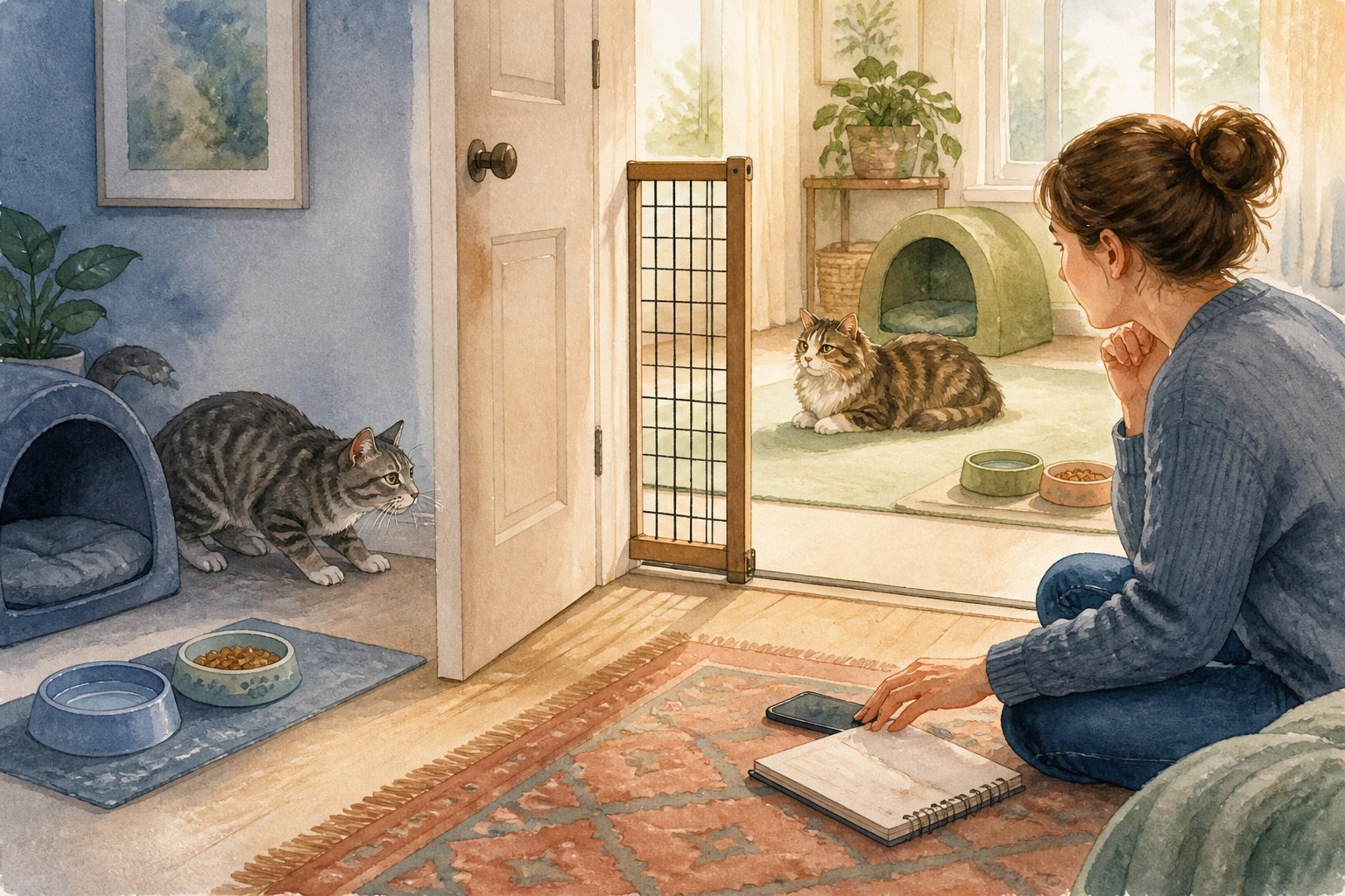 A pet owner observes two cats separated safely by a doorway while preparing to seek professional help.