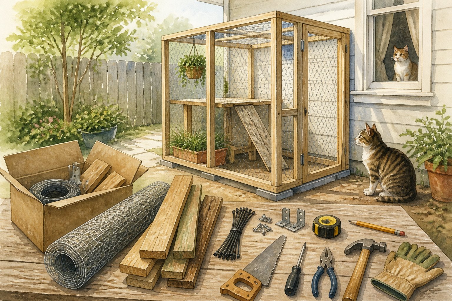 Affordable tools and building materials arranged beside a partially assembled outdoor cat enclosure, with a cat nearby.