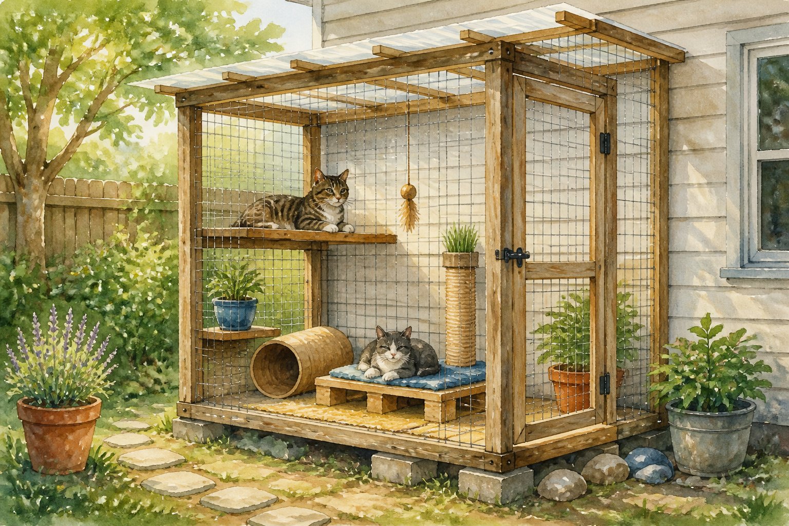 Two cats relax inside a small enclosed outdoor cat patio with shelves, toys, plants, and a scratching post.