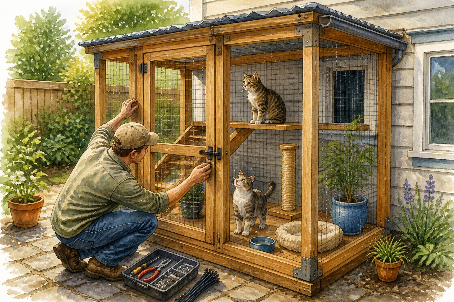 A person inspects and secures a small outdoor cat enclosure while two cats sit safely inside.
