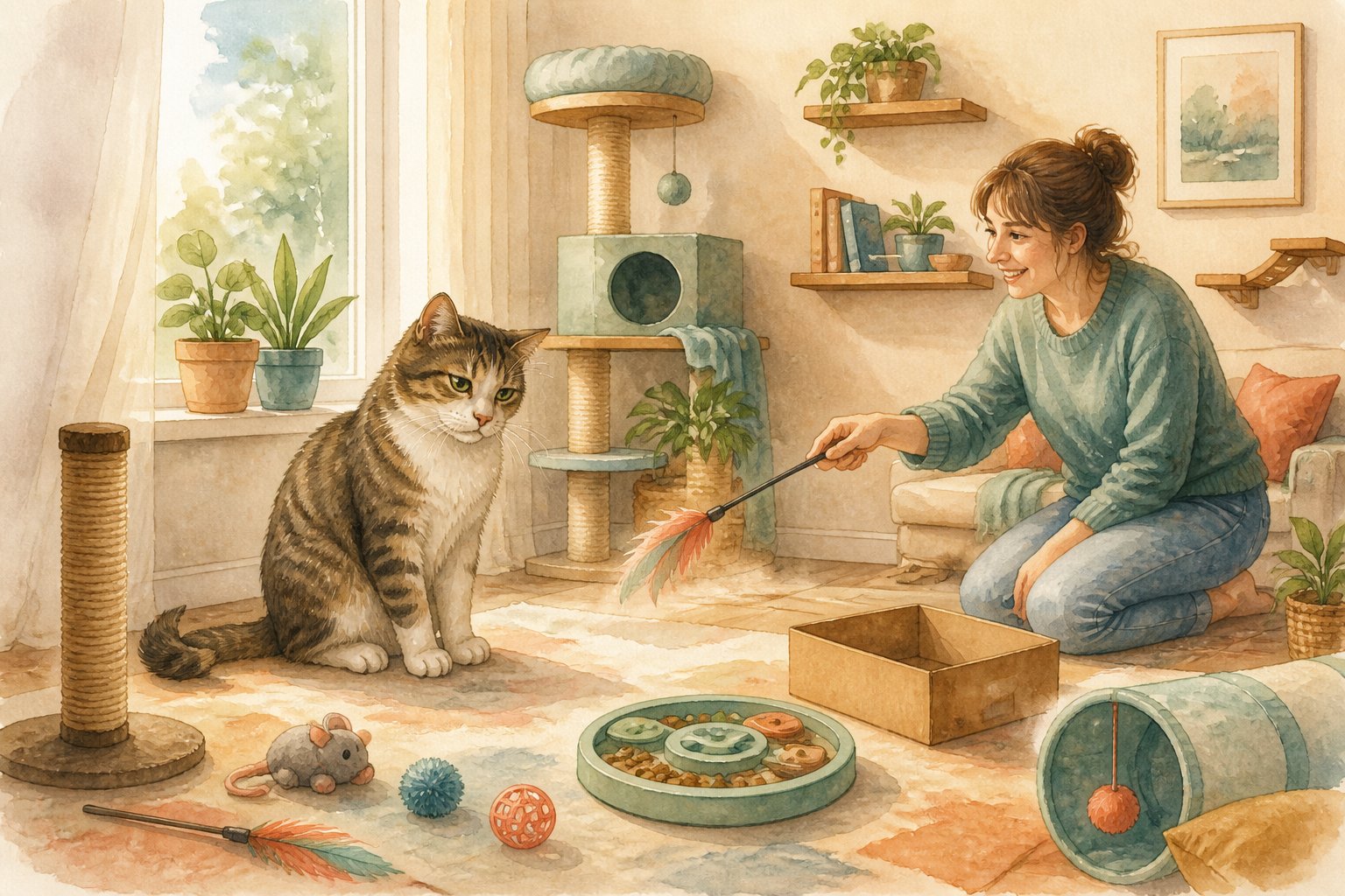 A cat sits beside a window near ignored toys while a person offers an interactive toy in a room with climbing shelves and a cat tree.
