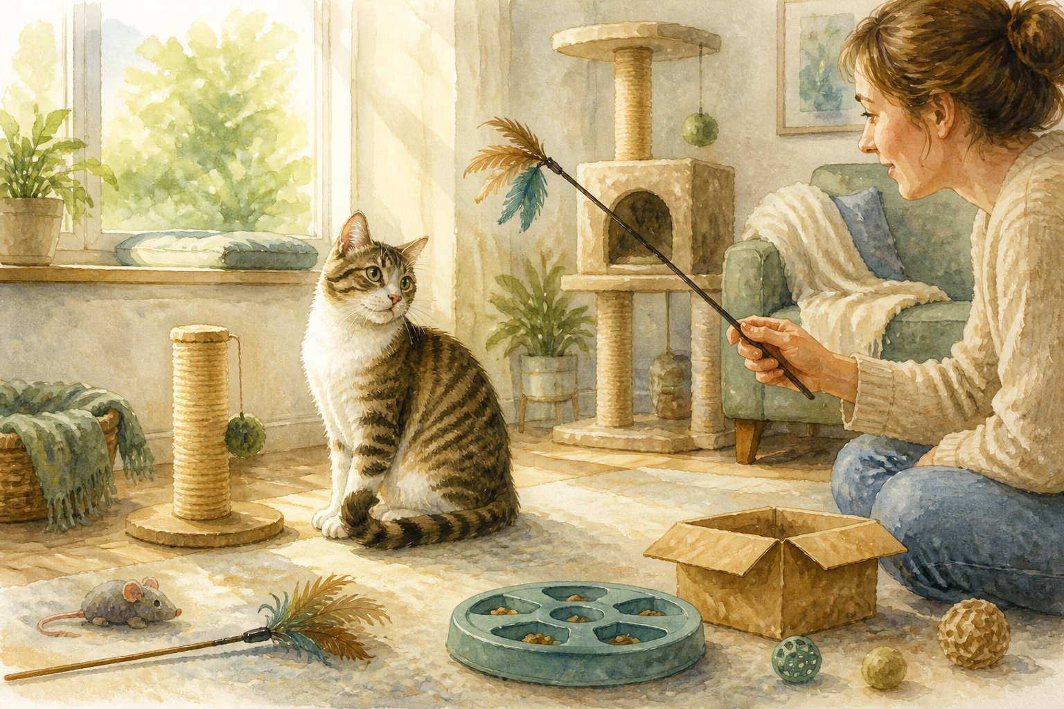 A cat in a cozy living room surrounded by toys and enrichment activities while a person plays with it.