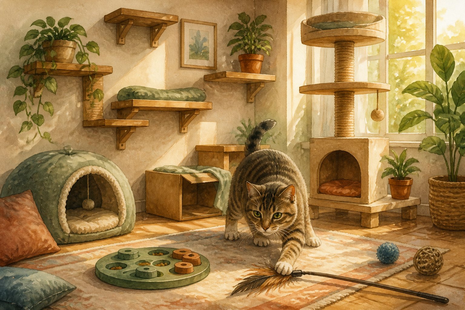 A cat explores a sunny room filled with toys, climbing spaces, a scratching post, and cozy hiding spots.