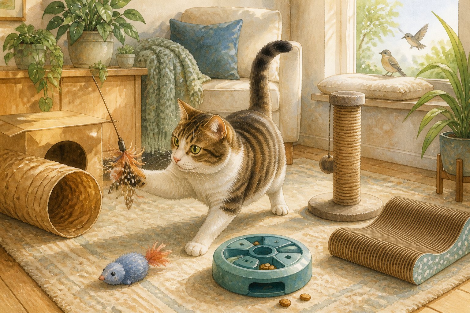 A cat explores toys, a scratching post, a puzzle feeder, a window perch, and a cardboard tunnel in a cozy home.