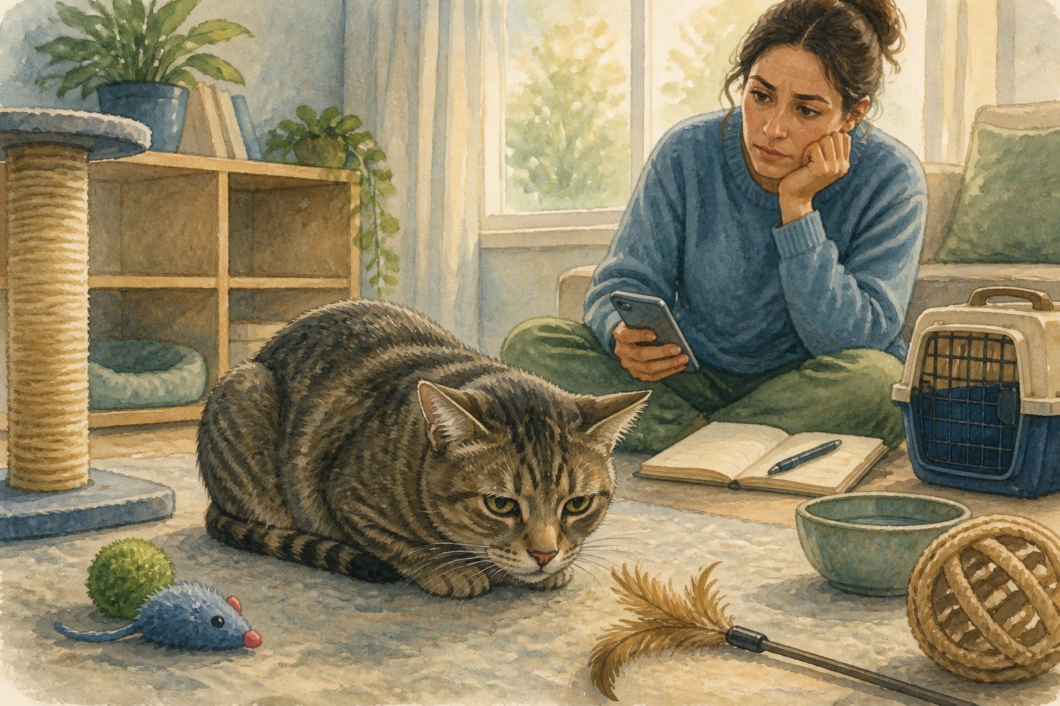 A concerned owner watches a withdrawn cat beside untouched toys and a nearby pet carrier.