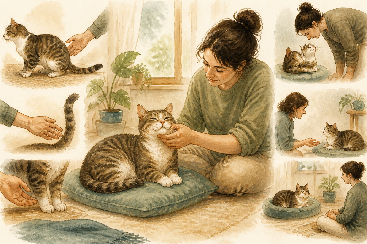 A relaxed cat sits beside a person who gently pets it while observing its body language in a cozy room.